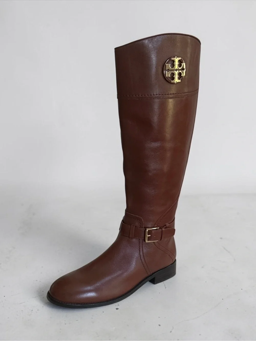 Tory Burch Chestnut Brown Leather Tall Riding Boots with Gold Logo Size 9.5